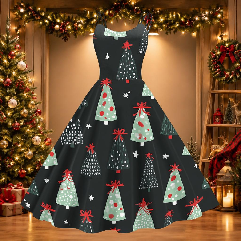 Women's Sexy Off-Shoulder Vintage Christmas Print Dress for Holiday Party