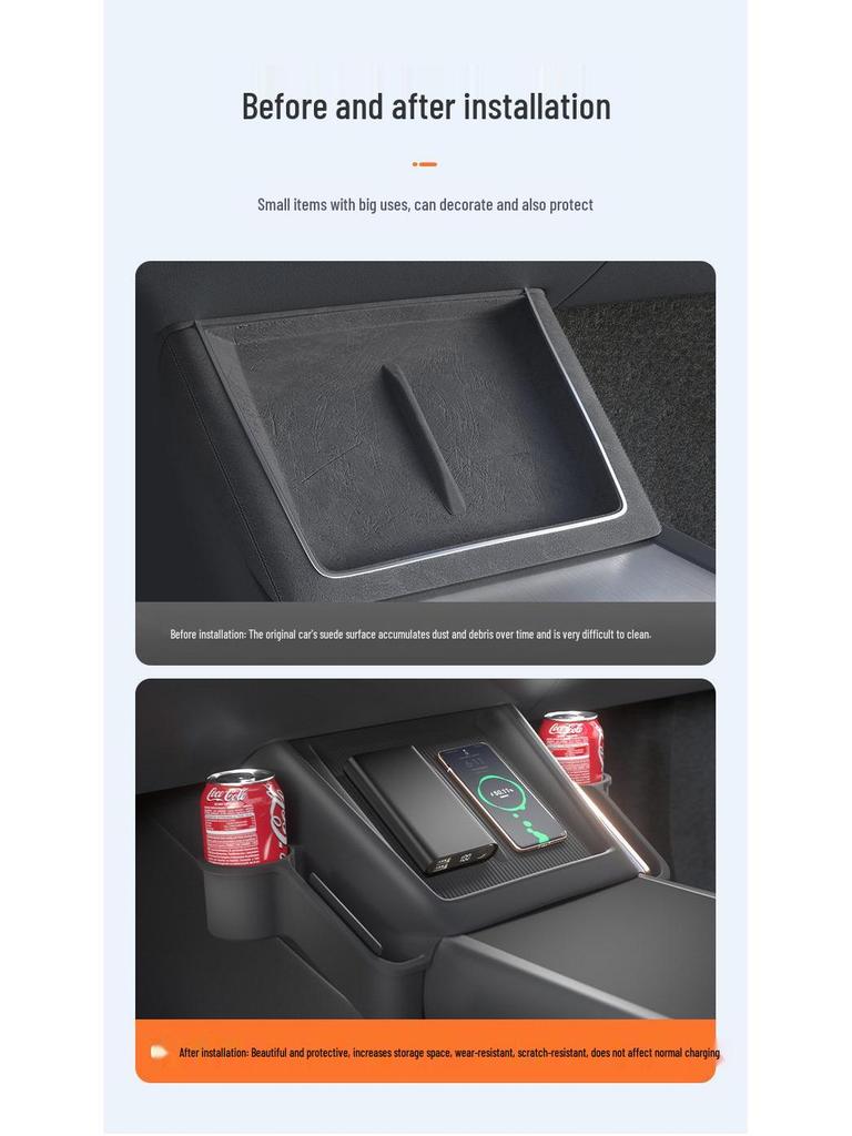 Tesla Wireless Charging Storage Pocket: Dustproof, Wear-resistant, Non-slip, Noiseless, with Dual Cup Holders.