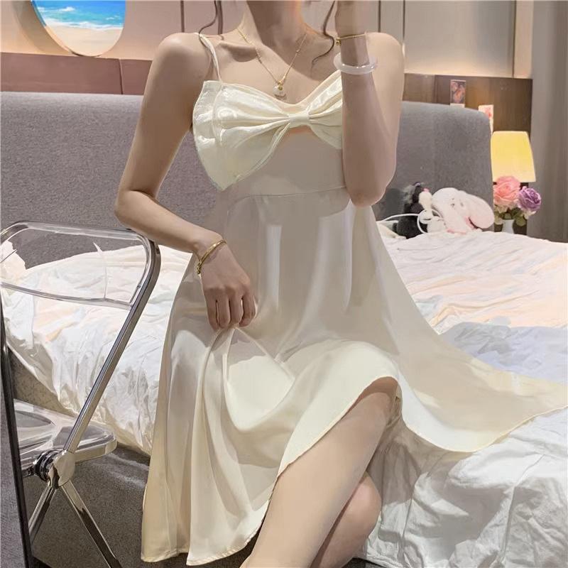 Sweet princess style sexy low-cut bow suspender skirt summer waist thin swinging A-shaped dress