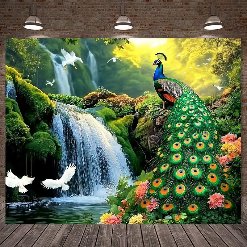 2D Peacock Forest Waterfall Wall Tapestry Nature Background Cloth for Home Decor
