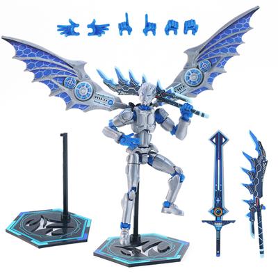 Blue Mechanical Devil Action Figure with Wings Multi-Jointed Movable 3D Printed Robot Toy with Weapons & Stand DIY Posable Model