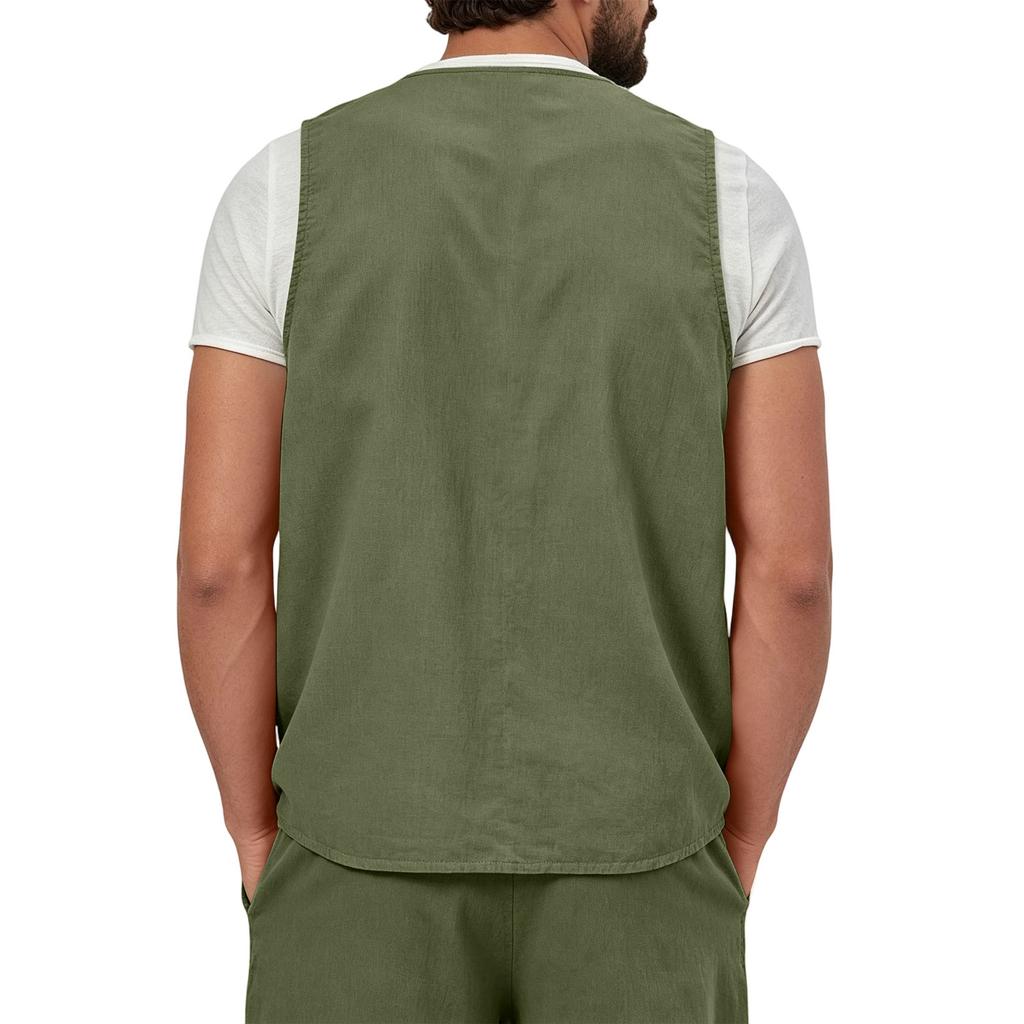 Men's Lightweight Button Front Linen Vest Sleeveless Casual Summer Shirt Non-Iron Breathable Fabric Relaxed Fit