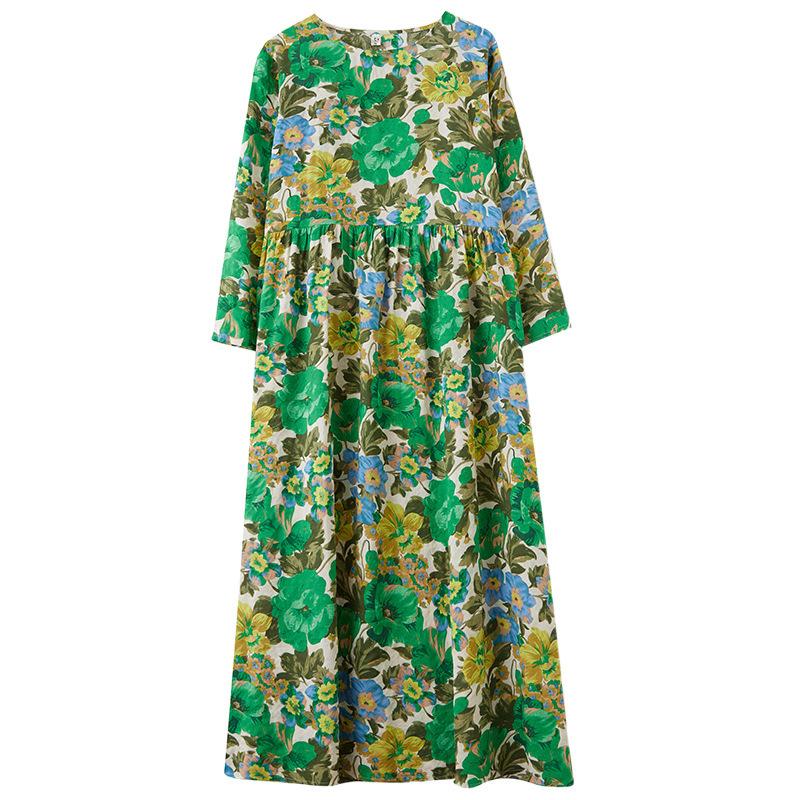 Early Spring Floral Vacation Style Travel Round Neck Retro Long Dress for Women Long Sleeved Vintage Dresses