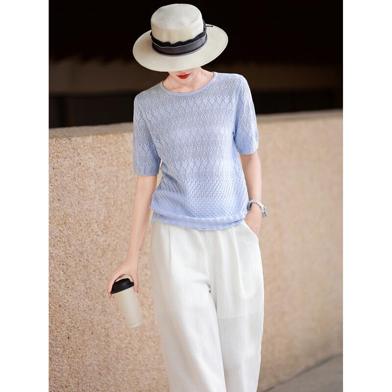 Lanser French Casual Openwork Knit Silk Blend Short Sleeve Top L