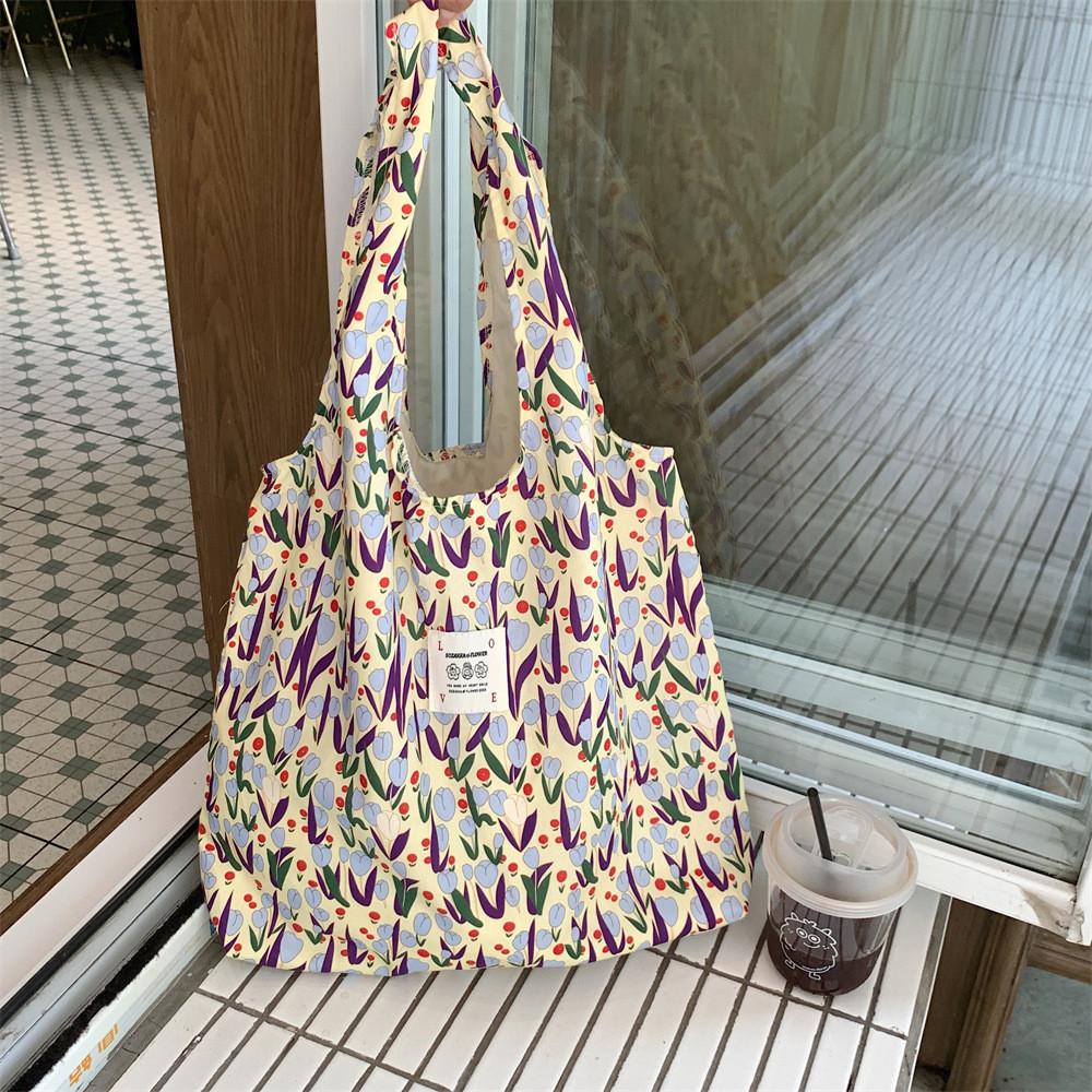 Fashionable Yellow Canvas Flower Tote Bag For Women Street Style Large Capacity Blue Tulip