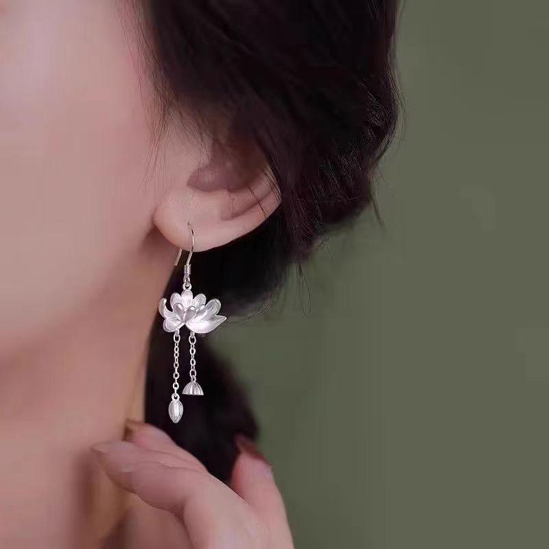 Women Casual Shopping Silver Flower Zircon Tassel Earrings