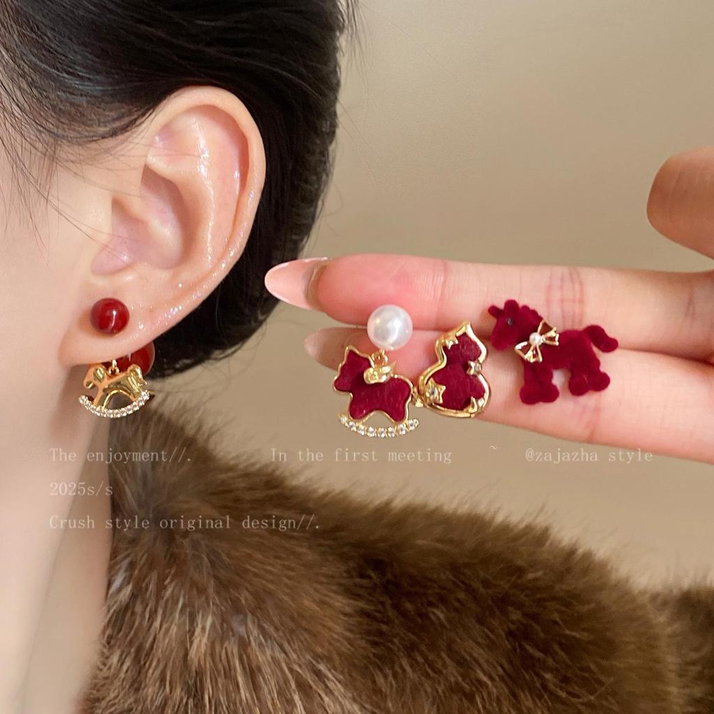 Red Velvet Horse Stud Earrings for Women - New Autumn/Winter 2025 Niche Design