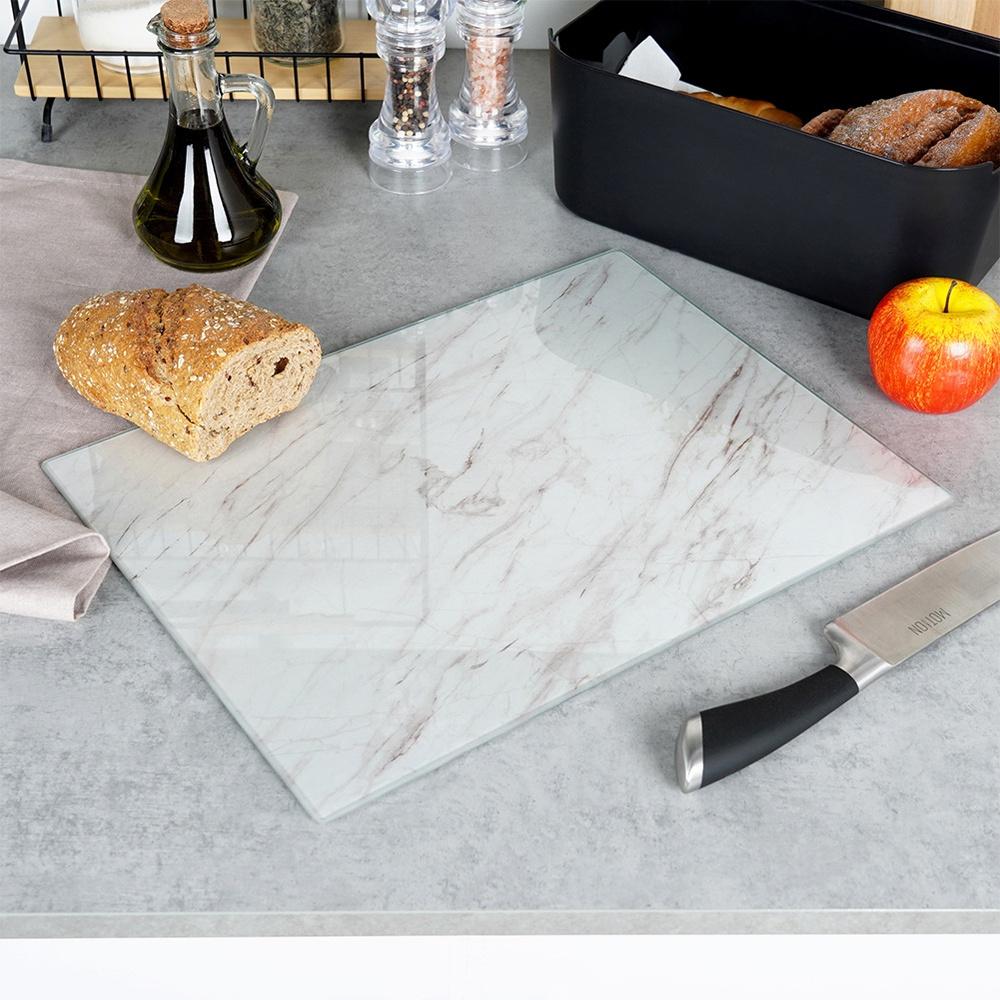 Glass Kitchen Cutting Board, Anti-Slip, White Marble, 30x40 cm
