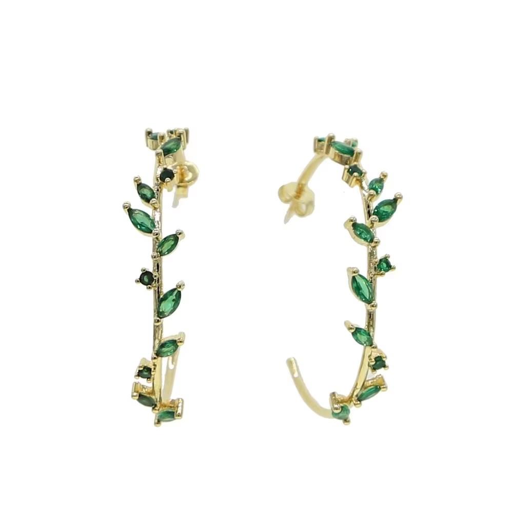 White Red Green Cubic Zirconia Cz Leaf Leveas Circle Hoop Earring Gold Plated