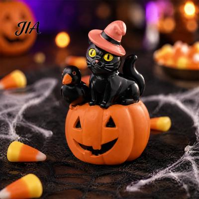 Dark Childlike Style Decor Halloween Cat Pumpkin Figurine, Retro Black Stacked Resin Decorations Unique Holiday Gifts for Table Desk Office
