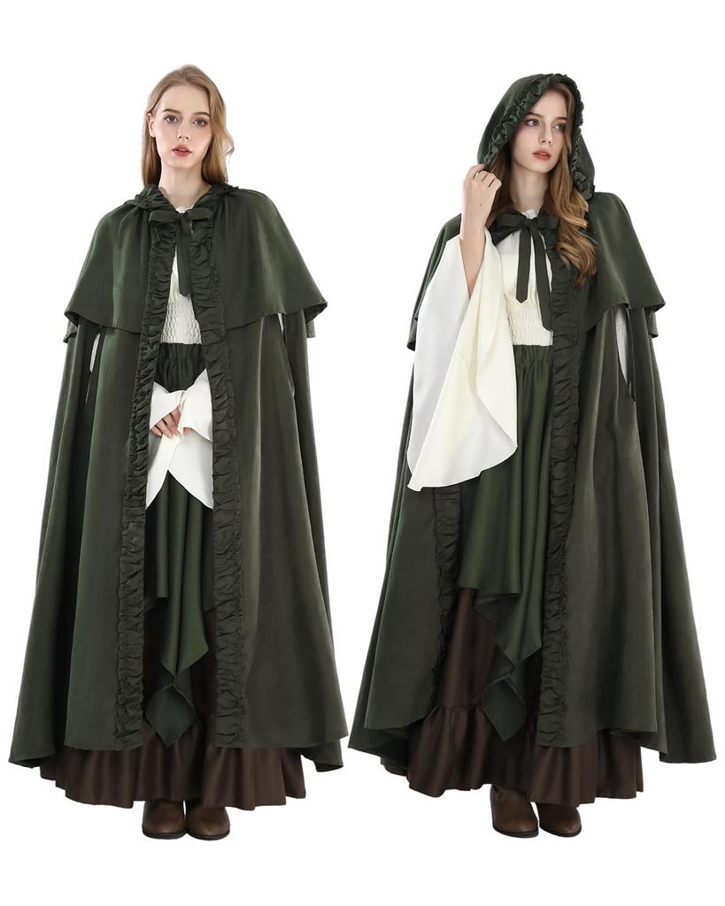 Long Hooded Medieval Vintage Cape for Halloween Witch Cape Size [Kami-Yu-Hyaku] Cosplay, (Green, S)