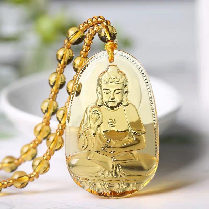 Yellow Crystal Necklace Long Sweater Chain Manjushri Pendant Amitabha Pendant Unisex Gift