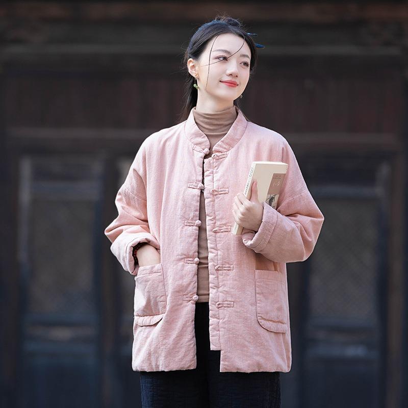25 Winter New Cotton and Linen Women's Chinese Retro Stand-up Collar Buckle Padded Jacket Women's Padded Thickened Zen Ramie Cotton Jacket