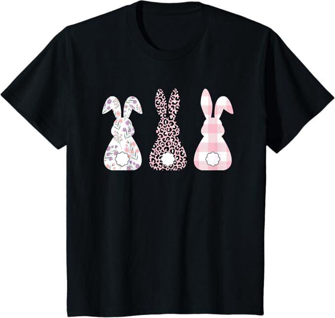Cute Pink Leopard Plaid Flower Happy Easter Bunny Rabbit T-Shirt