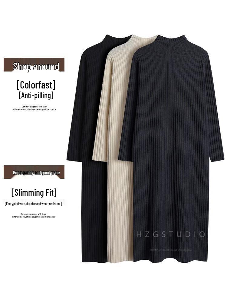 Women's Black High-Neck Petite Wool Knit Dress - 2025 New Autumn/Winter Collection