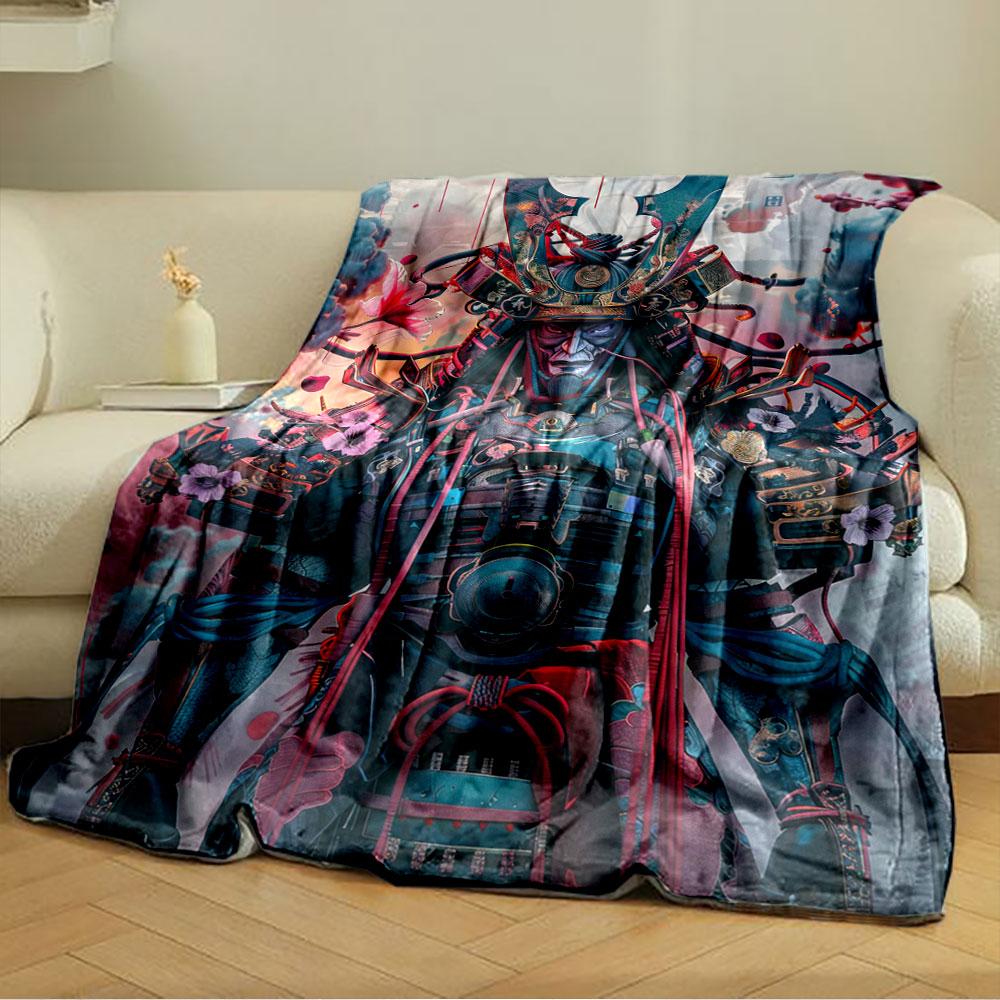 Detailed samurai armor adorned with floral motifs and vibrant elements. for all seasons blanket lunch break throw gift
