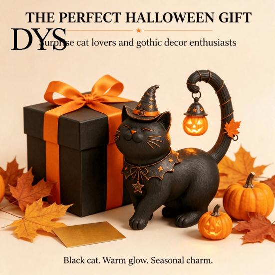 Niedliche Hexenkater-Skulptur für den Garten Halloween Schwarz Mit Hut Figur, Harzstatue Sammlerstücke Schreibtischregal, Gruselige Heimdekoration, Geschenk