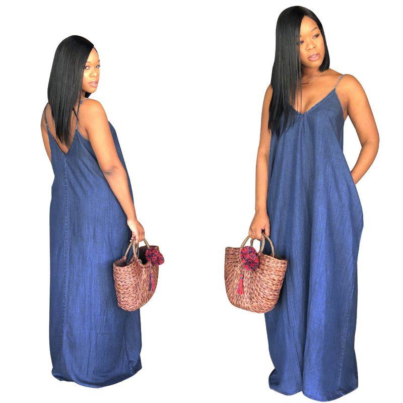 Smr8908K Amazon Standard Code European and American Cross-Border Fashion Loose Denim Skirt Women s Casual One-Piece Dress Dark Blue XXL