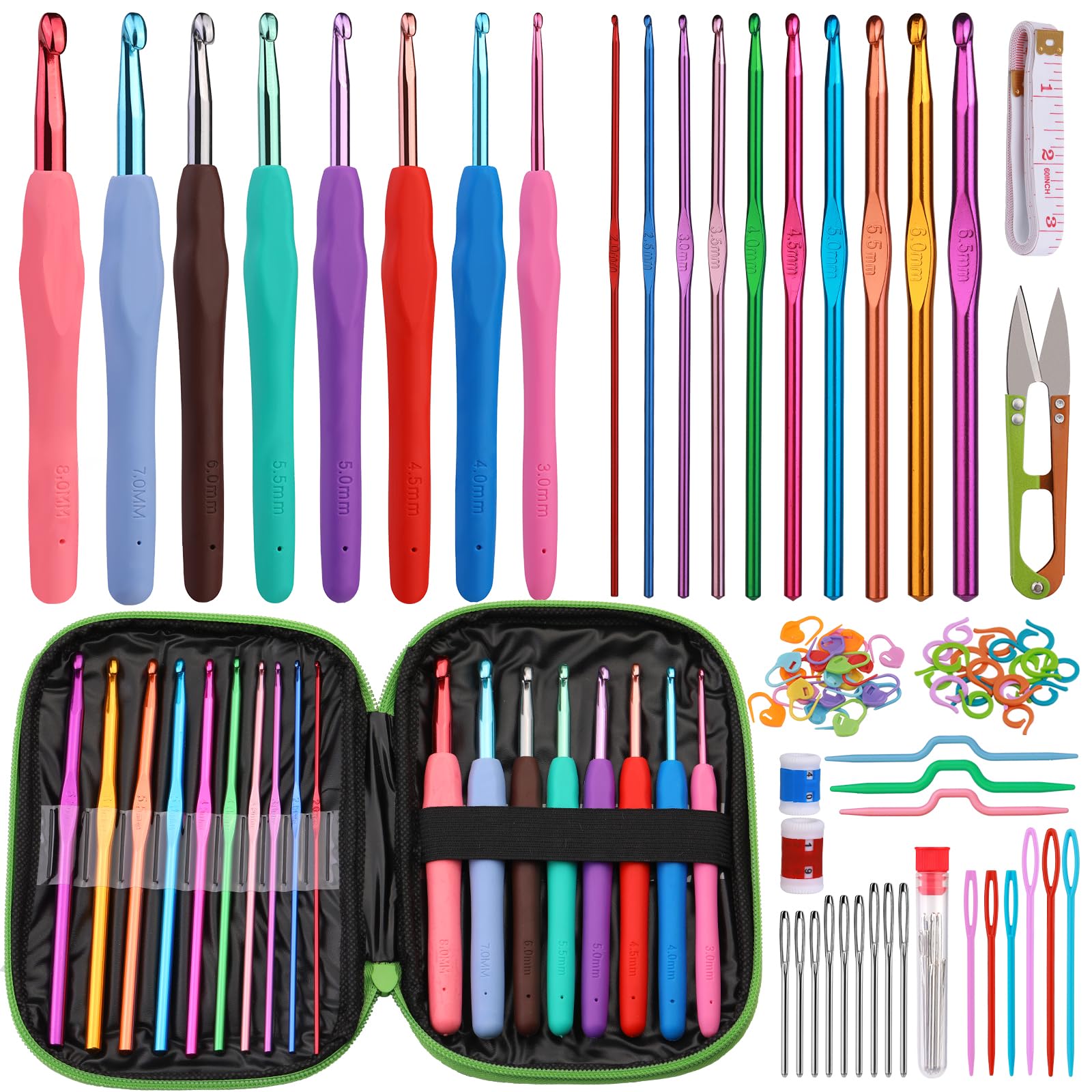 

Набор крючков для вязания Fenrry, набор игл для вязания крючком, иглы для пряжи для начинающих, зеленый чехол и аксессуары для вязания крючком для рукоделия