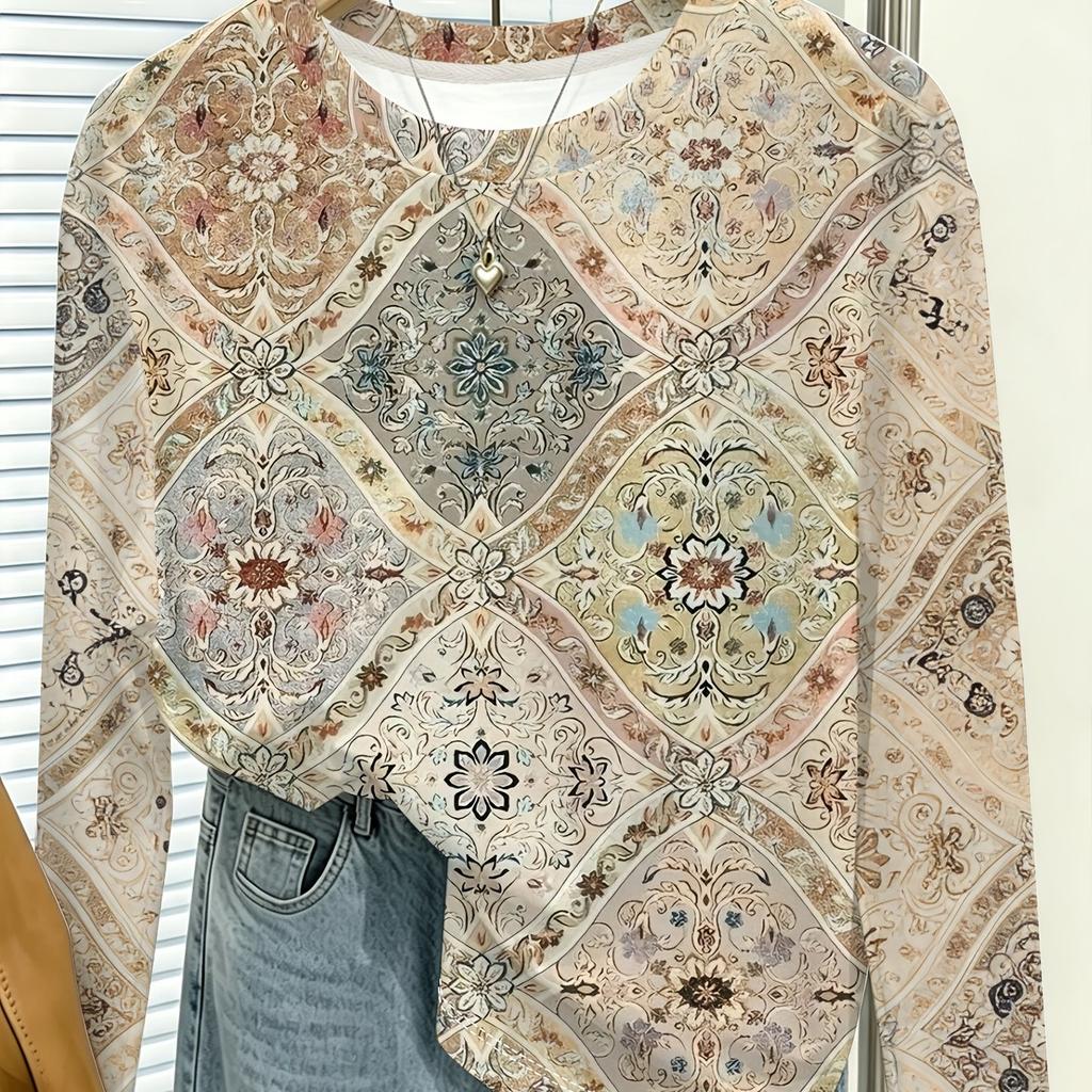 Women T‑Shirt Long Sleeve 3D Vintage Boho Tile Pattern Print Tees Casual Street Female Wear Daily O‑Neck Top Women's Clothes