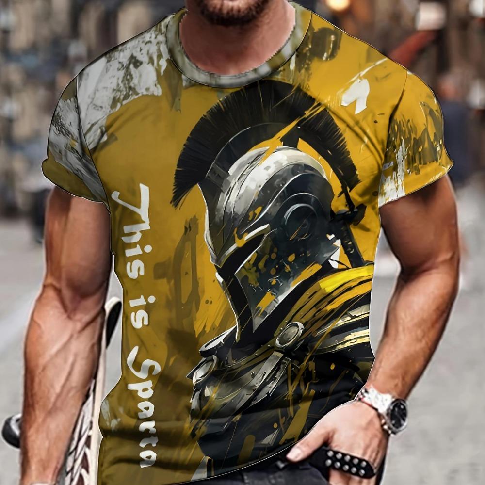 Men's 3D Spartan Knight Pattern T-shirt Outdoor Casual Micro Elastic Breathable T-shirt Summer Fashion Short Sleeve T-shirt Top