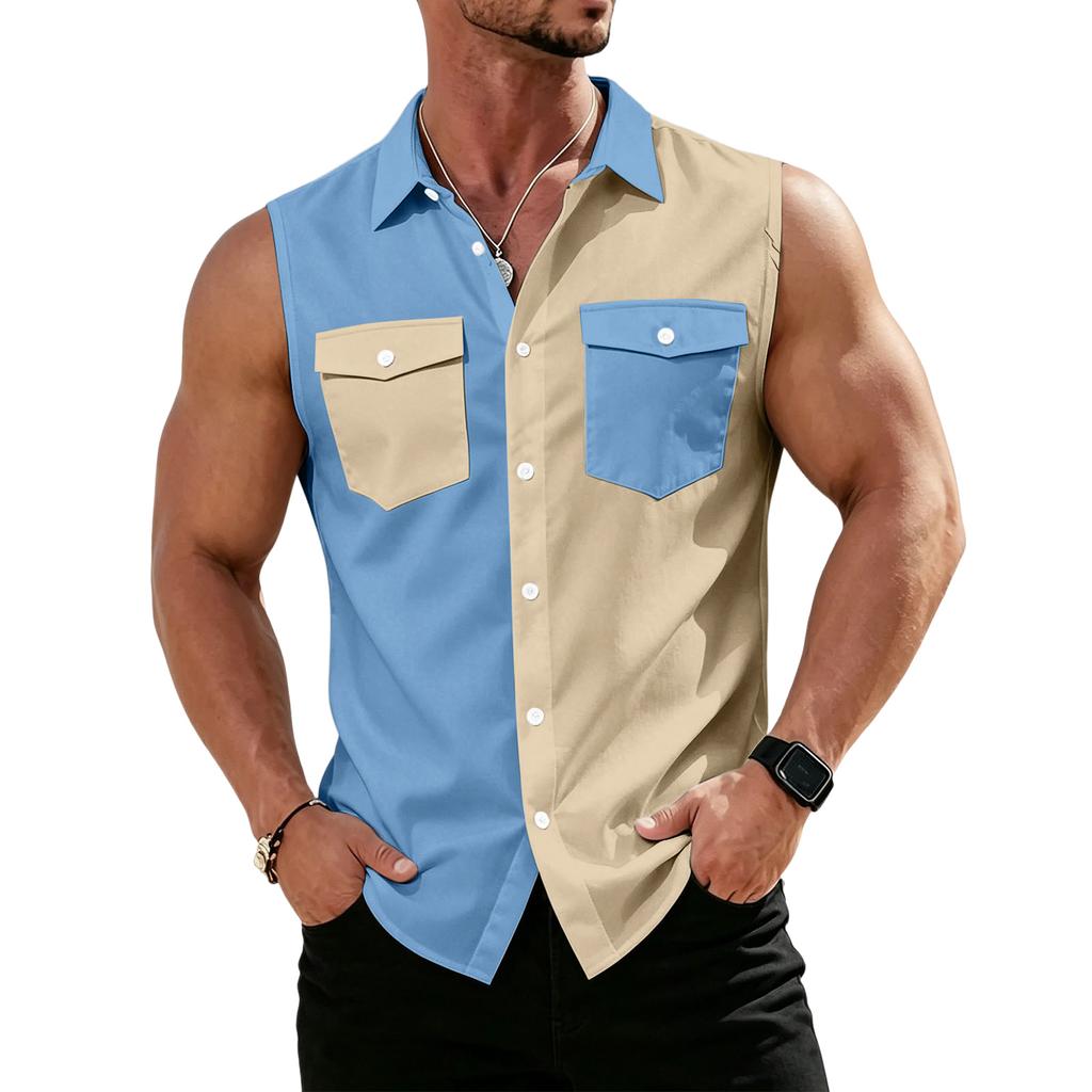 Men's Workwear Lapel Button-Down Vest Shirt - Lightweight Sleeveless Top