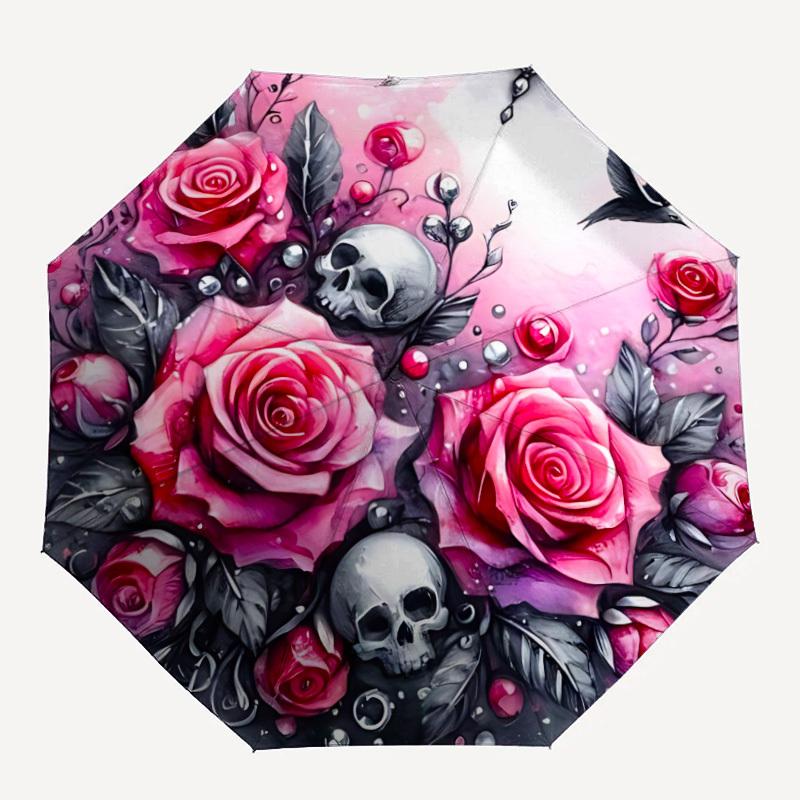 

1pc Skull Roses Fashionable Automatic Opening/Closing Folding Umbrella with 8 Bones, Windproof Portable, Daily Use56