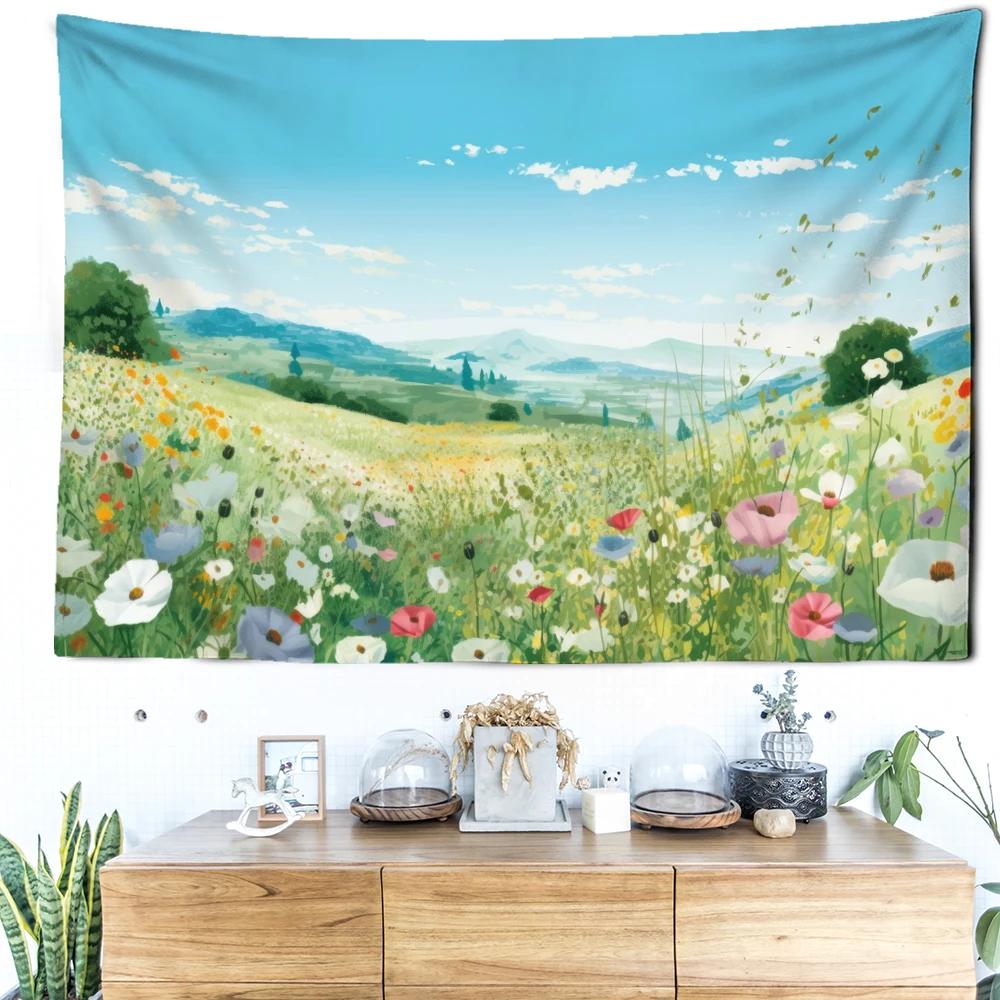 Blue Sky Grassland Flower Blossoms Tapestry Wall Hanging Simple Art Landscape Bohemian Dormitory Bedroom Home Decor