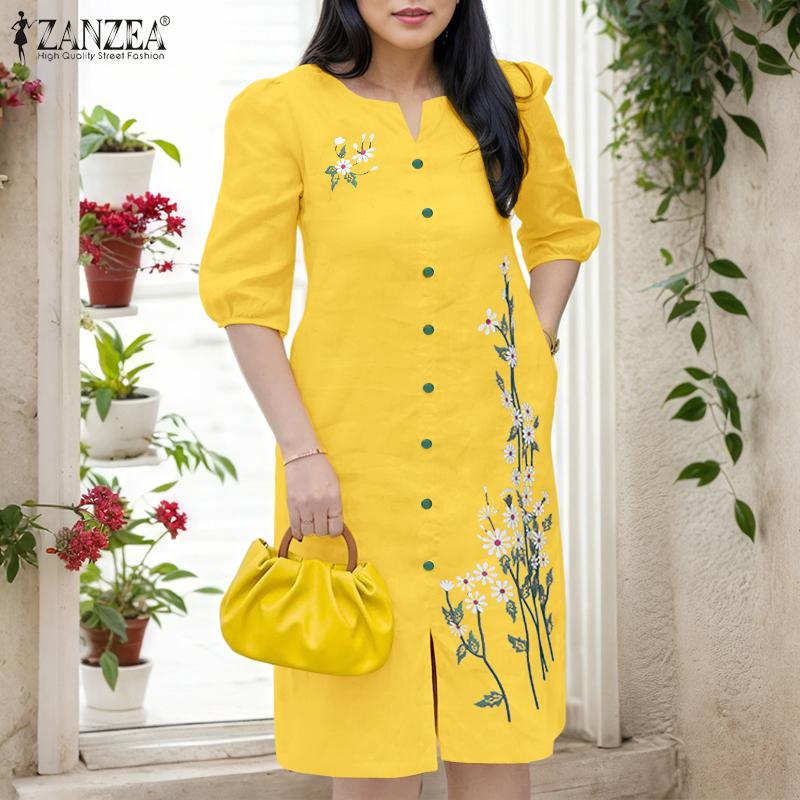 ZANZEA Women Casual V-Neck 3/4 Sleeve Loose Floral Print Dress