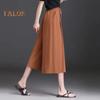 Women Cropped Pants Elastic High Waist Adjustable Drawstring Culottes Solid Color Wide Leg Casual Pants Daily Wear