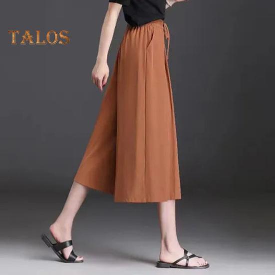 Women Cropped Pants Elastic High Waist Adjustable Drawstring Culottes Solid Color Wide Leg Casual Pants Daily Wear