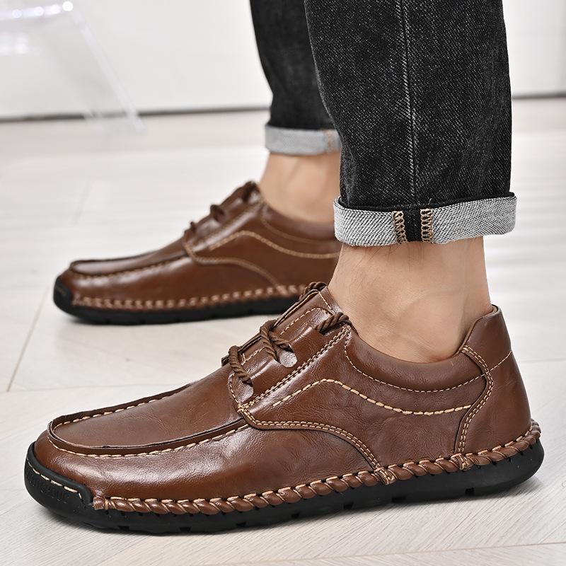 Spring 2024 Men's Casual Leather Lace-up Shoes - Soft Sole, Hand-stitched, Versatile, Large Size Driving Shoes