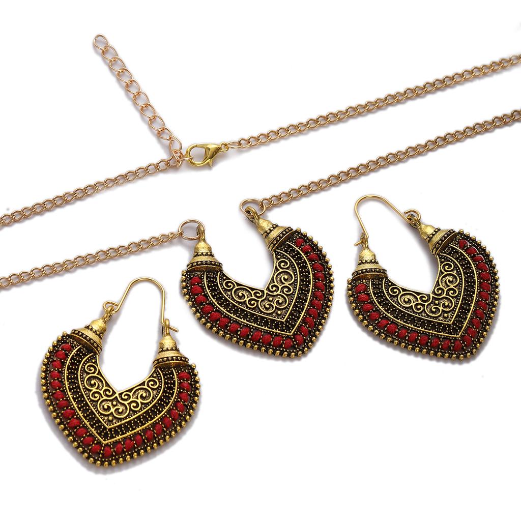 Vintage Ethnic Gold Color Drop Earrings Necklace for Women Heart Shape Statement Earrings Bohemian Rope Wrap Zircon Bijoux