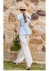 Fragrant blue linen lightweight shirt for women, 2026 summer new style French V-neck shirt, slim fit waist pinching top