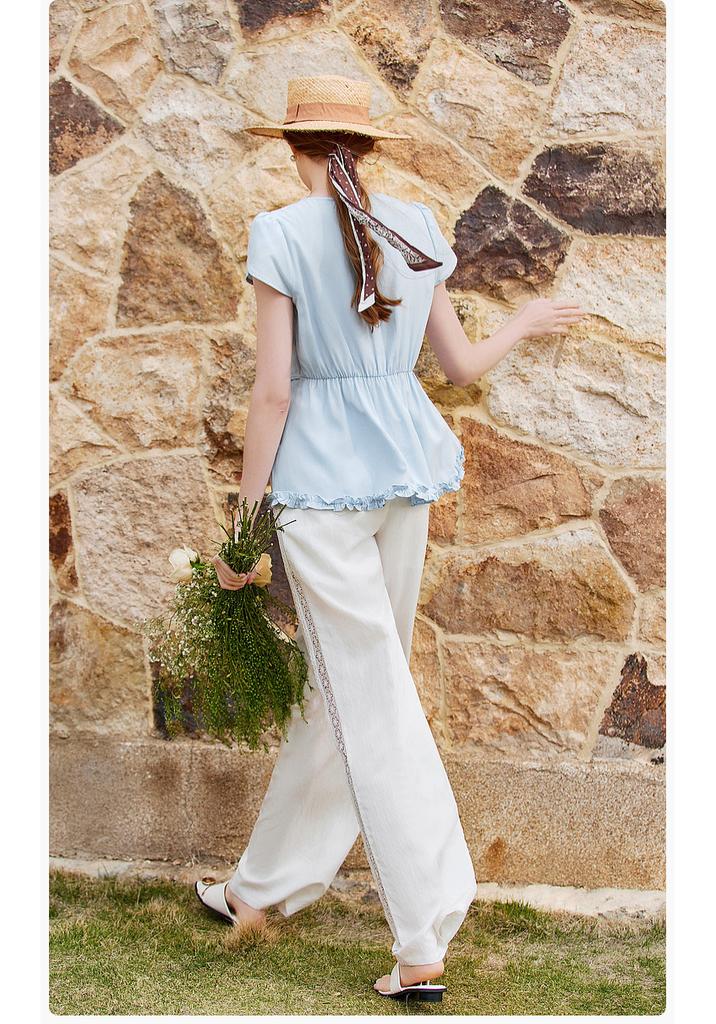 Fragrant blue linen lightweight shirt for women, 2026 summer new style French V-neck shirt, slim fit waist pinching top