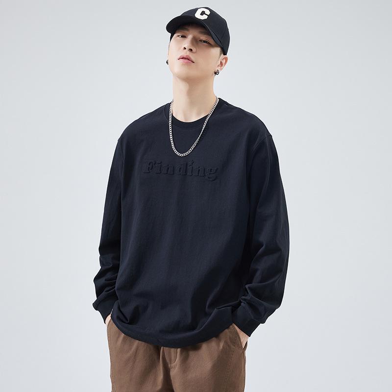 Męski T-shirt z długim rękawem z grubej bawełny - Biały z okrągłym dekoltem, nadruk stalowy, luźny krój, kolekcja jesienna