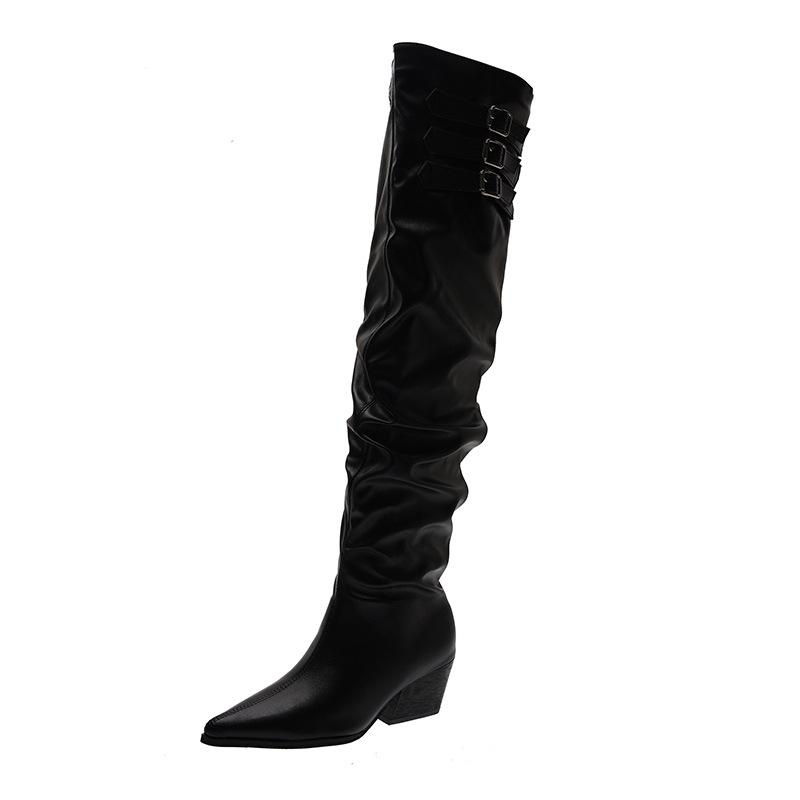 

Boots Women s 2025 New Maillard Pointed Suede Tall Khaki Inner Heightening Stacking Boots Flat Boots 39 чёрный