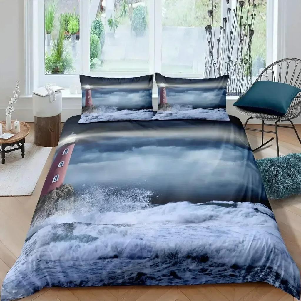 Top Lighthouse Duvet Cover Set Nautical Surfing Ocean Wave Bedding Set Queen Polyester Coastal Nature Theme Quilt Cover