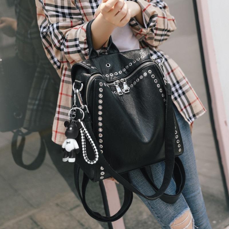 Luxury Women Genuine Leather Backpack Rivet Multifunctional Shoulder Bag Female Retro Travel Bag Teenage Girls Fashion Schoolbag