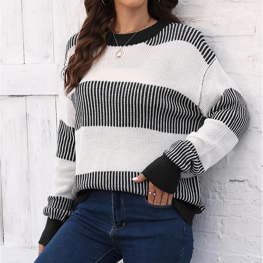 Women's Pullover Top Cross-border European and American Women's Clothing Autumn and Winter New Casual Loose Woven Sweater Contrasting Stripes Splicing