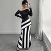AC719 Women's Black & White Digital Print Striped T-shirt Dress with Nine-Sleeve, European & American Style