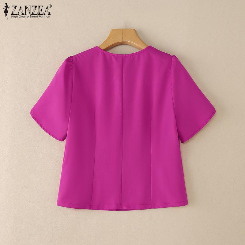 ZANZEA Damen Sommer V-Ausschnitt Slim Lässige Kurzarmbluse