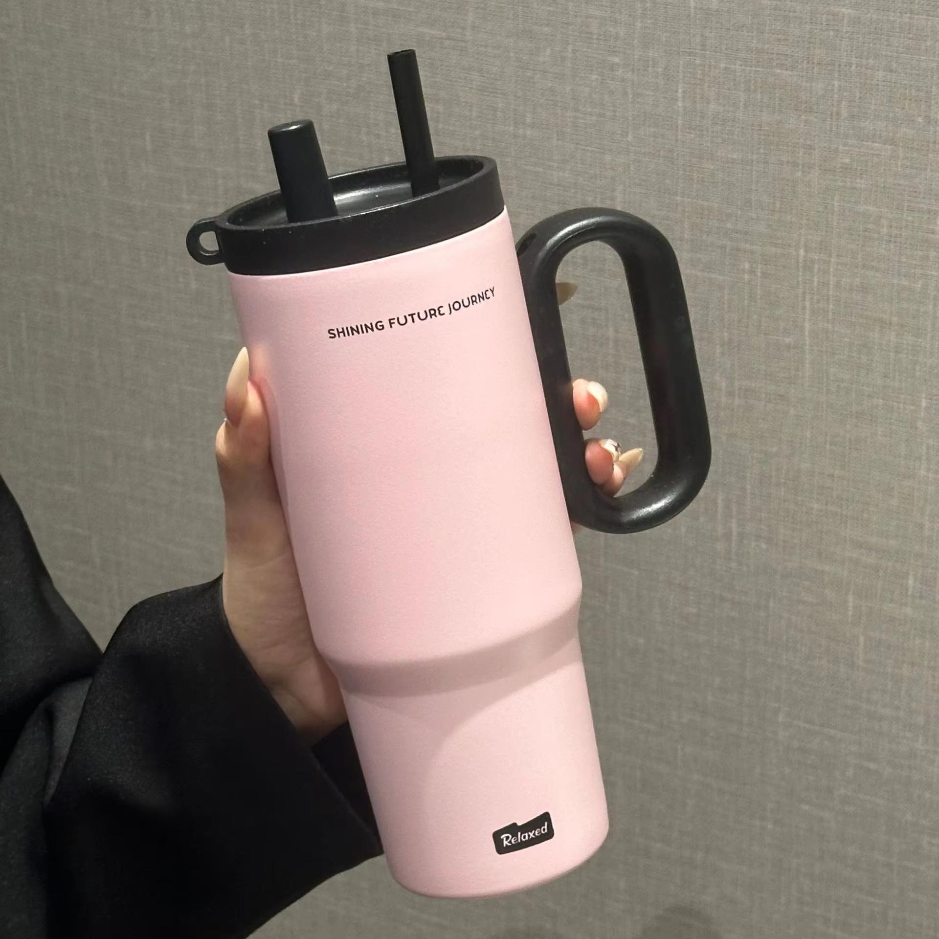 Tasse à café isotherme en acier inoxydable 720 ml avec paille et poignée, Bouteille d'eau réutilisable pour voiture, voyage, extérieur rose