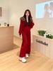 Women's Winter Red Sportswear Set with Fur Collar & Fleece Hoodie - Two-Piece Wide Leg Pants