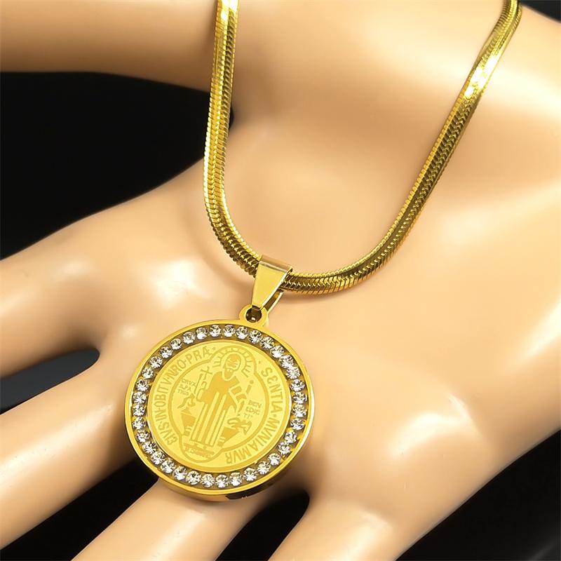 Vintage Crystal Saint Benedict Medal Necklace for Men Women Stainless Steel San Benito Party Gold Color Amulet Jewelry Gift
