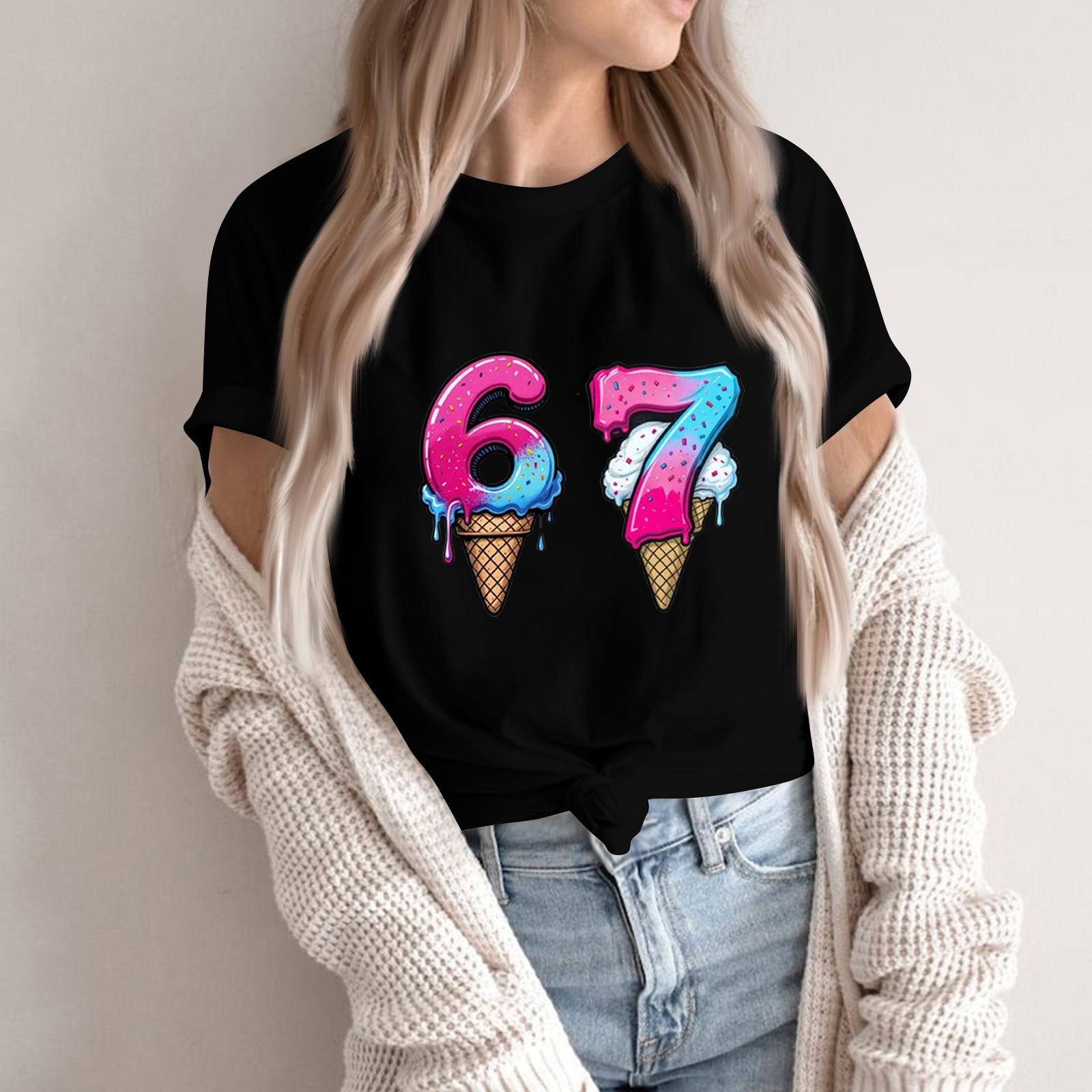 

Жіноча модна повсякденна футболка з коротким рукавом з принтом, топ з круглим вирізом S чорний