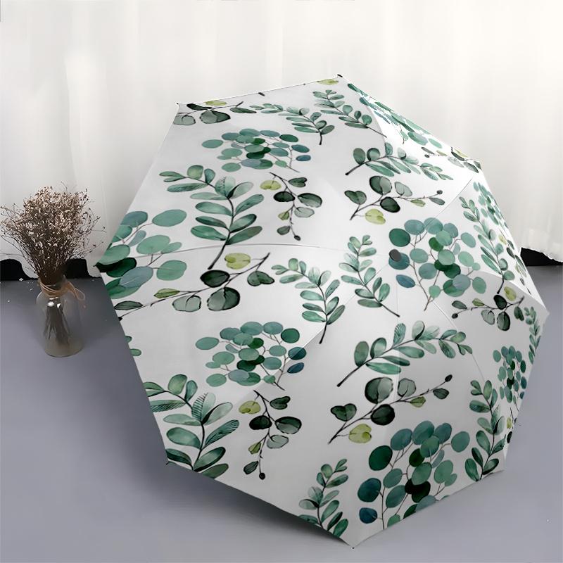 1pc Green Eucalyptus Leaves Pattern Automatic Opening and Closing Practical Umbrella, Lightweight 3-Fold, With Cute Cartoon Characters, Suitable for H