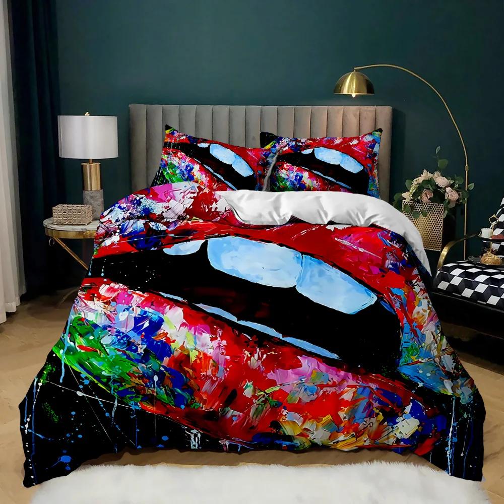 Lip Duvet Cover Set Golden Lip Bedding Set Sexy Adult Couple Twin Polyester Comforter Cover 3D Kiss Marks Double Queen King Size