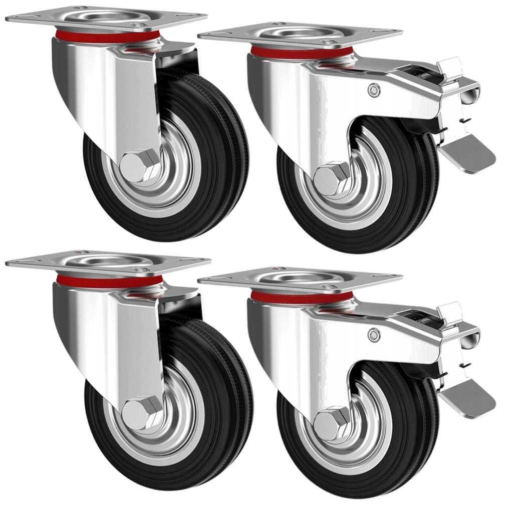 Swivel casters 75mm metal rubber wheels set of 4 for trolleys with brake