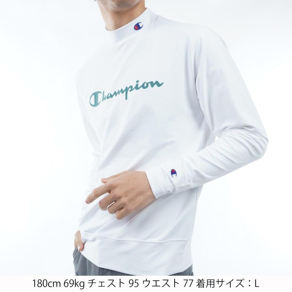 Champion Golf Long Sleeve Mock Neck Odor UV Script Size Men's T-Shirt, Antibacterial, Resistant, Quick-Drying, Stretch, Protection, Logo, White, XL,